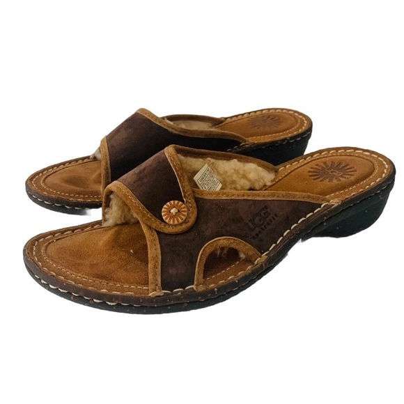 UGG Brown Suede Sandals 
Shearling Lined Women Size 8 Granolacore Cabincore - Picture 2 of 9